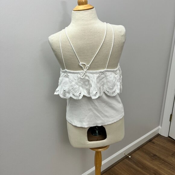 Anthropologie Strappy Eyelet Lace Ruffle Trim Halter Top White Sz Small Ribbed - Picture 4 of 11